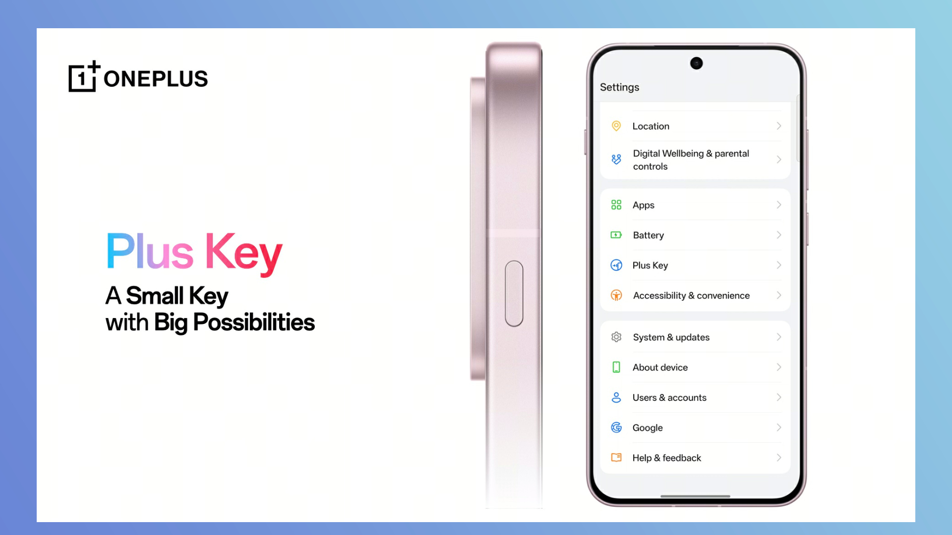 OnePlus Plus key promotional materials showing the phone at a side angle, plus the screen open to the settings menu