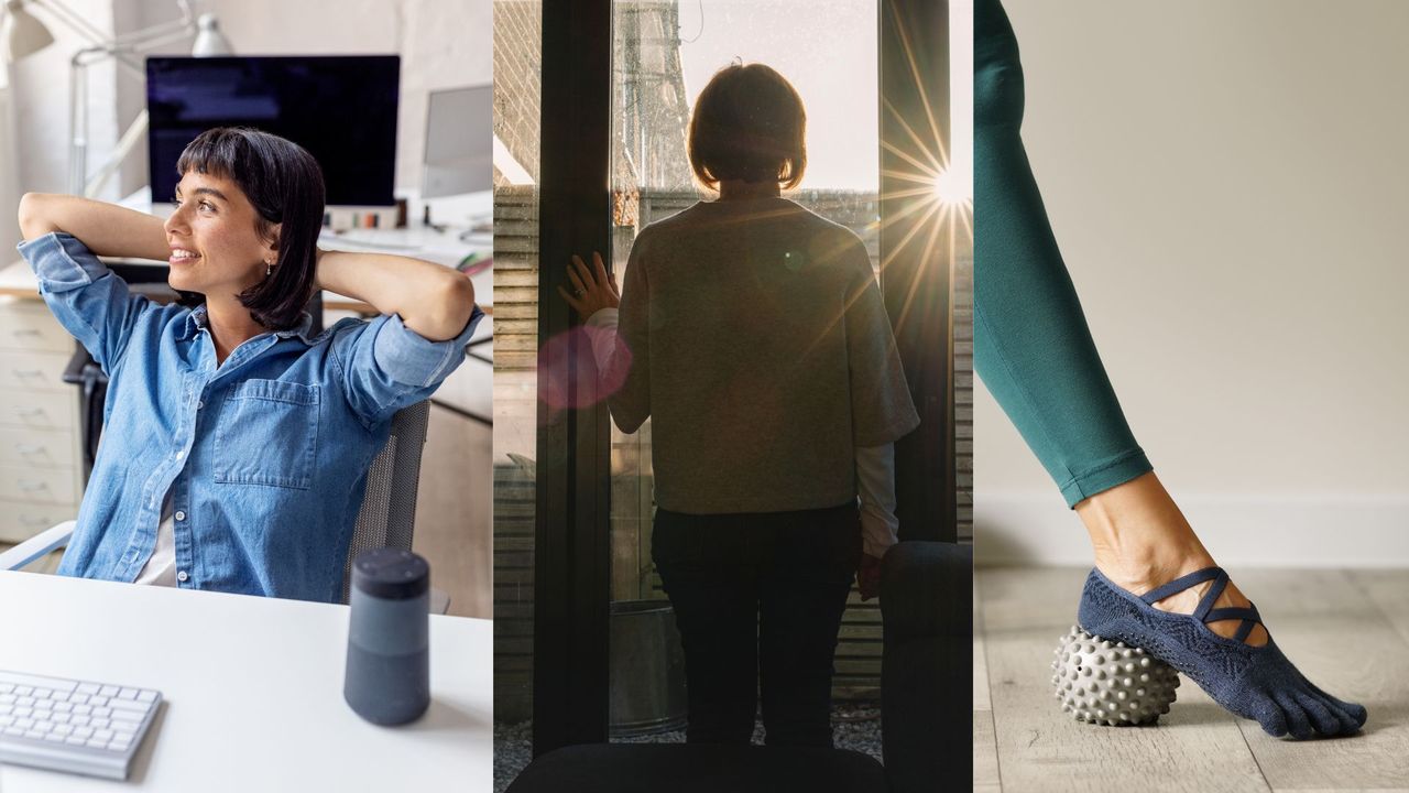 Collage of woman sitting at desk, woman looking out of window, and woman massaging foot with a ball