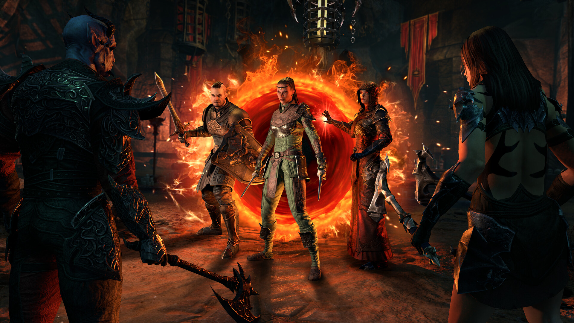 A group of players tepping out of a portal during the MMORPG The Elder Scrolls Online