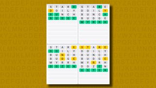 Quordle Daily Sequence answers for game 918 on a yellow background