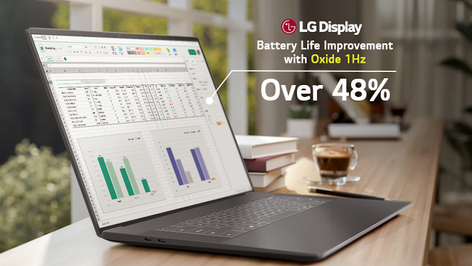 LG Display 1Hz laptop panel shown on a notebook on a desk