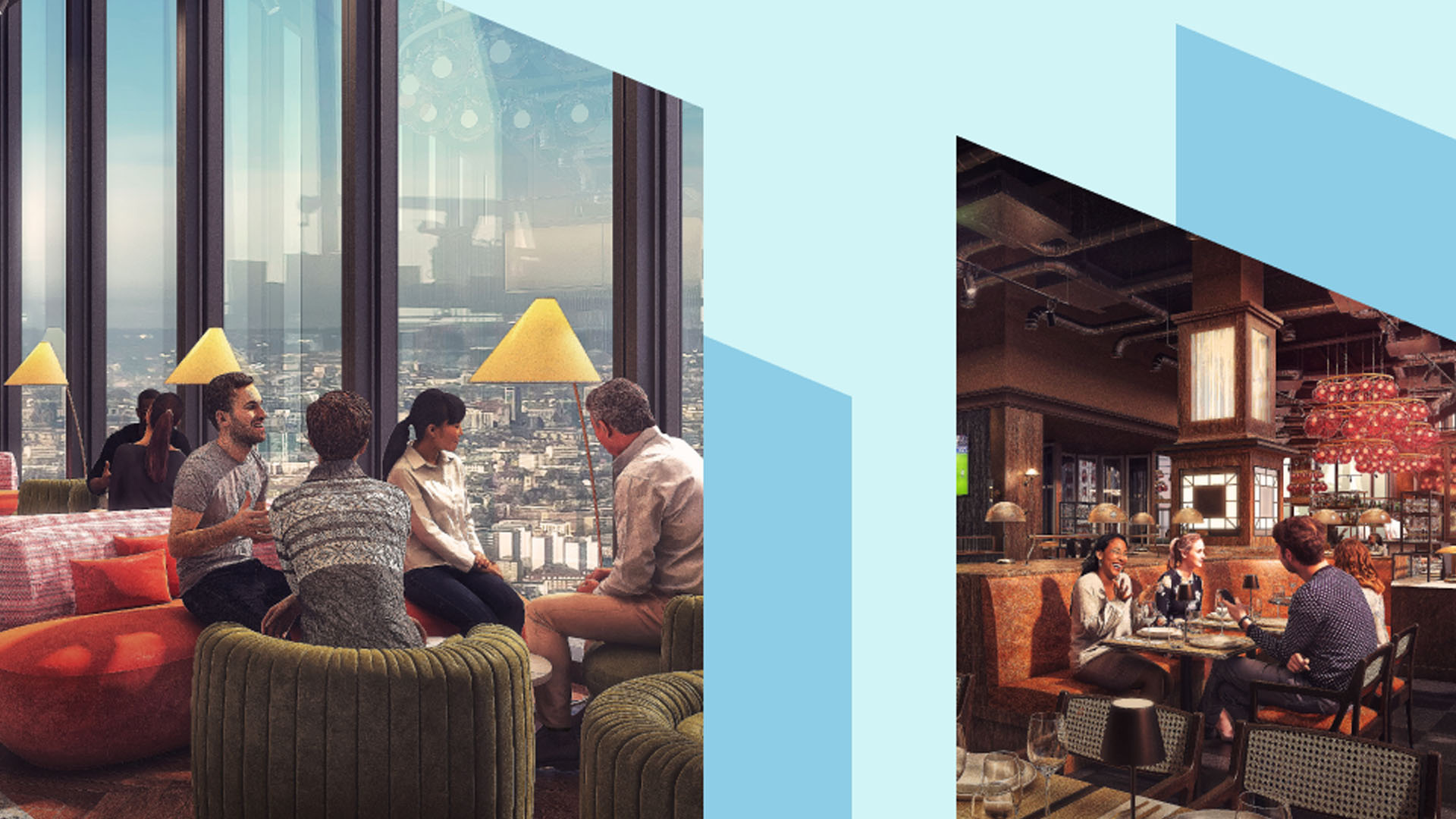 Two photos of the interior of 22 Bishopsgate. 