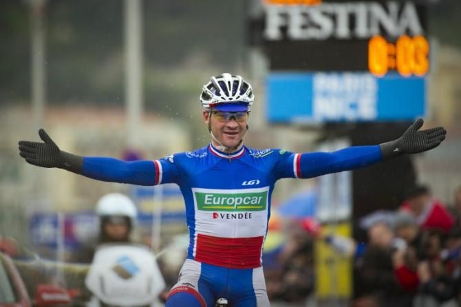 Thomas Voeckler celebrates as he crosses the finish line at the end of the 8th stage of the 69th Paris-Nice