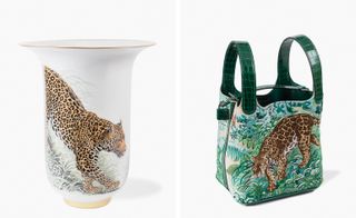 Two images: left: a hand-painted vase. Right: a one-of-a-kind handbag