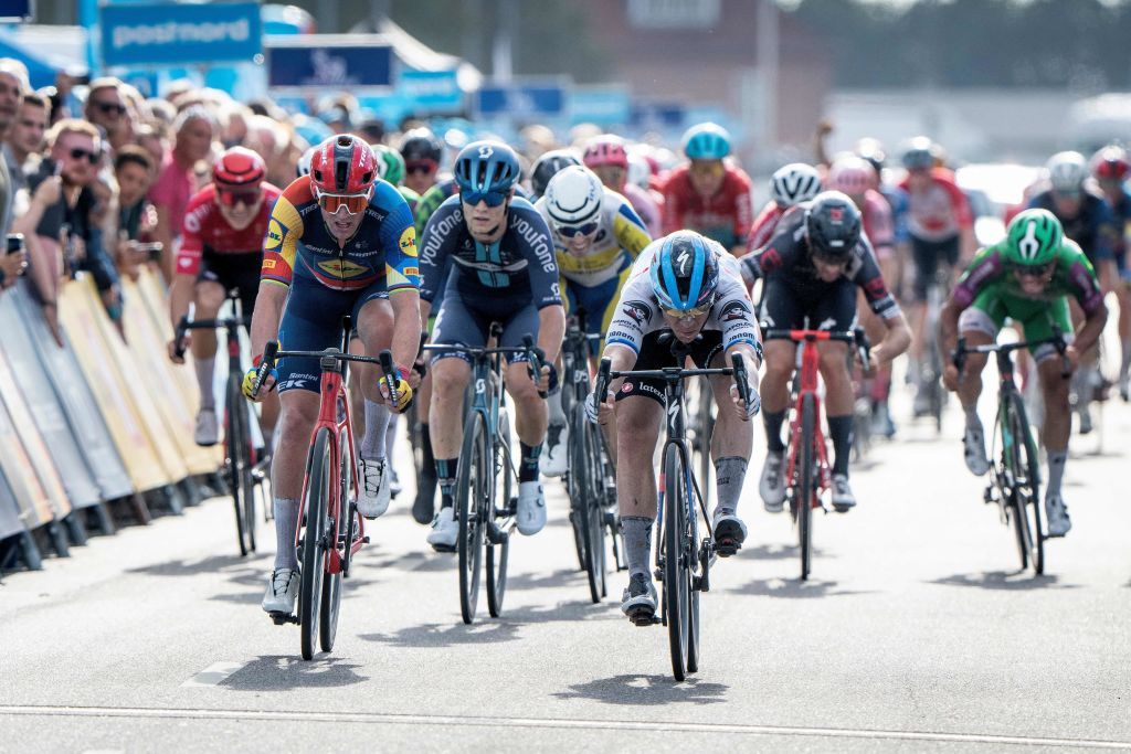 Fabio Jakobsen of the Netherlands sprints to claim the second place ahead of Mads Pedersen of Denmark during the first stage of PostNord Danmark Rundt 2023 in Aalborg Denmark on August 15 2023 Photo by Bo Amstrup Ritzau Scanpix AFP Denmark OUT Photo by BO AMSTRUPRitzau ScanpixAFP via Getty Images