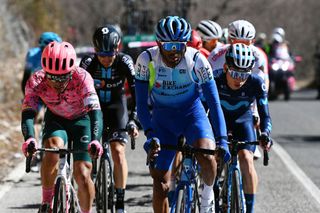 BELLANTE ITALY MARCH 10 LR Jonathan Klever Caicedo Cepeda of Ecuador and Team EF Education Easypost and Tsgabu Gebremaryam Grmay of Ethiopia and Team BikeExchange Jayco compete in the breakaway during the 57th TirrenoAdriatico 2022 Stage 4 a 202km stage from Cascata delle Marmore to Bellante 345m TirrenoAdriatico WorldTour on March 10 2022 in Bellante Italy Photo by Tim de WaeleGetty Images