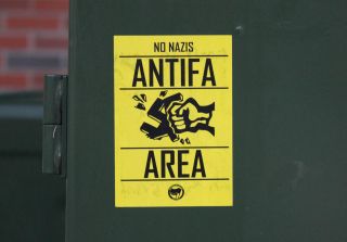 One of the anti-fascist stickers placed around campus at the University of Florida in Gainesville, Florida, on Oct. 19, 2017. The stickers were put up in response to alt-right activist Richard Spencer visiting the campus.