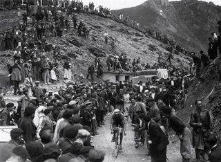 Crowds line the Col du Tourmalet summit in the 1936 Tour de France.