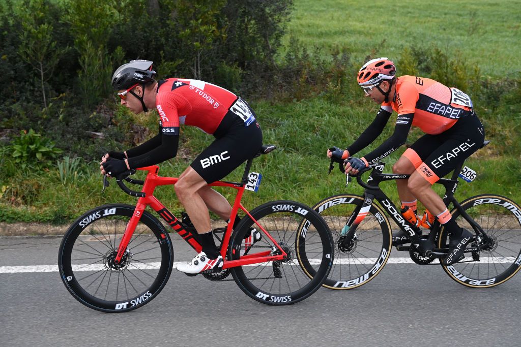 LAGOS PORTUGAL FEBRUARY 15 LR Alexander Kamp of Denmark and Tudor Pro Cycling Team and Aleksandr Grigorev of Russia and Efapel Cycling Team compete in the breakaway during the 49th Volta ao Algarve em Bicicleta 2023 Stage 1 a 2002km stage from Portimo to Lagos VAlgarve2023 on February 15 2023 in Lagos Portugal Photo by Tim de WaeleGetty Images
