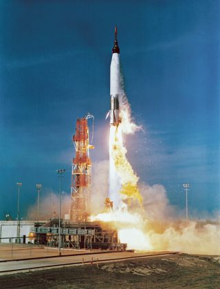 The launch of NASA's Mercury-Atlas 2 from Launch Complex 14 at Cape Canaveral, Florida on Feb. 21, 1961.
