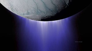 Geysers from Saturn's moon Enceladus are depicted in this image created using images from the Cassini probe. The spacecraft made multiple passes through the water plumes coming from Enceladus' surface.