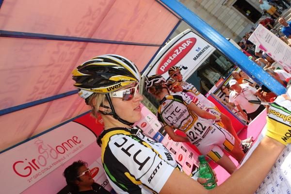 Local rider Noemi Cantele (HTC - Columbia Women) signs on for the stage which passed her training roads.