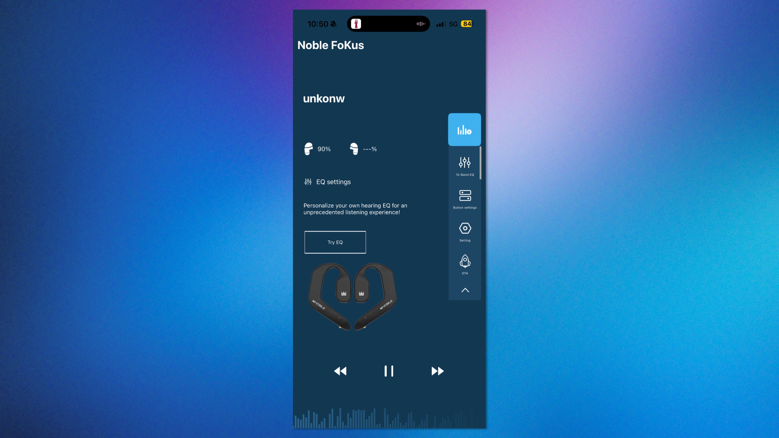 A screenshot of the Noble Audio FoKus mobile app showing a set of open earbuds when it should show the FoKus Artemis.