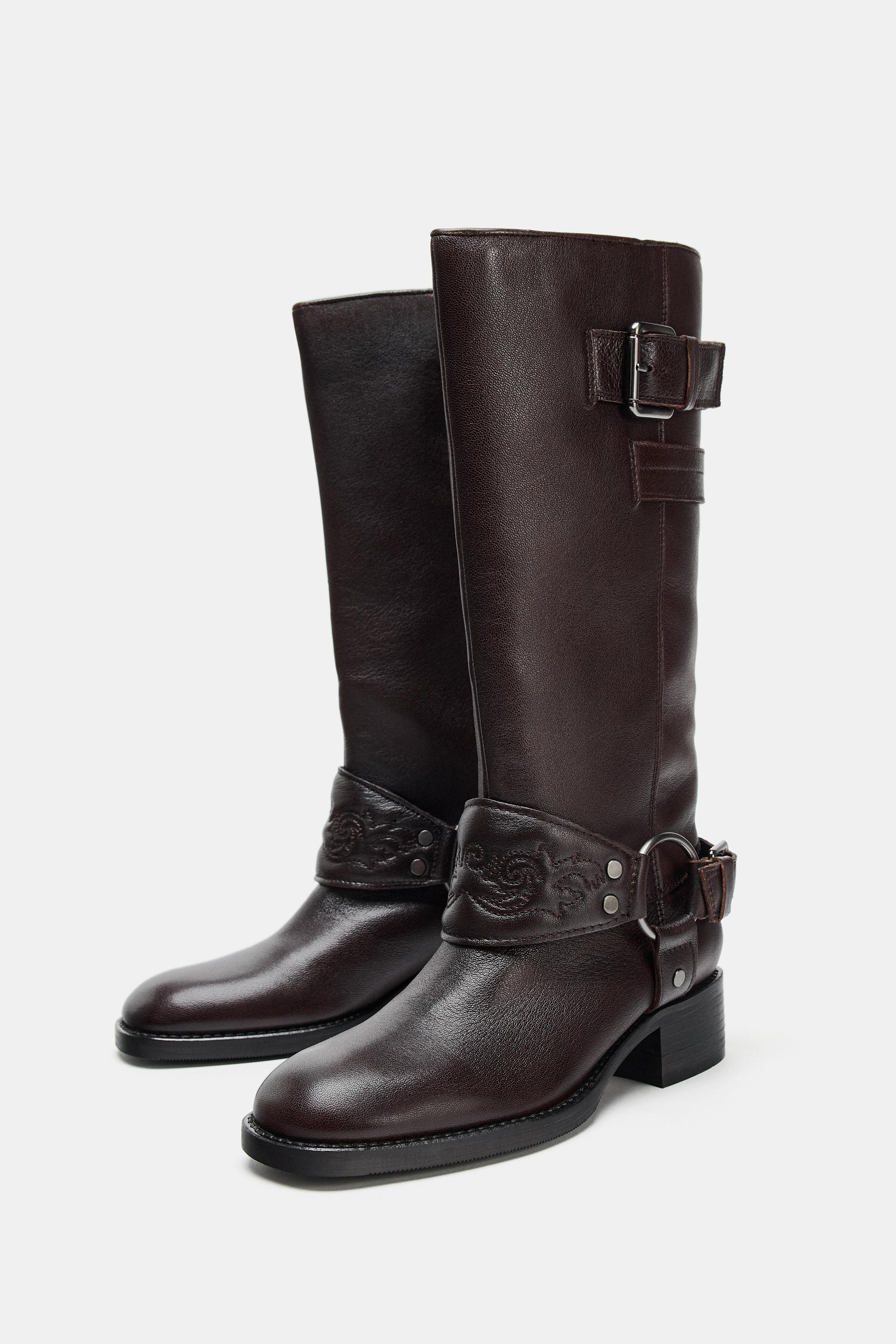 Leather Flat Embroidered Boots