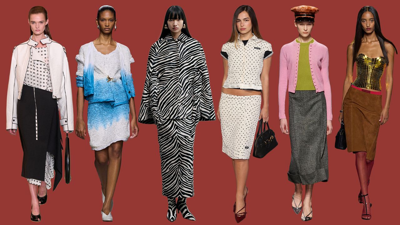 A collage of runway, celebrity, and lookbook images showcasing the top 2025 skirt trends.