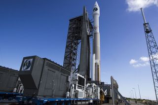 The United Launch Alliance Atlas V rocket carrying the classified NROL-61 satellite is rolled from the Vertical Integration Facility to the pad at Space Launch Complex-41 at the Cape Canaveral Air Force Station in Florida.