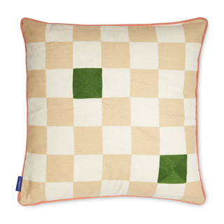 cream and beige check print pillow with green embroidered squares