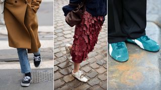 Three street style images of women wearing retro trainers