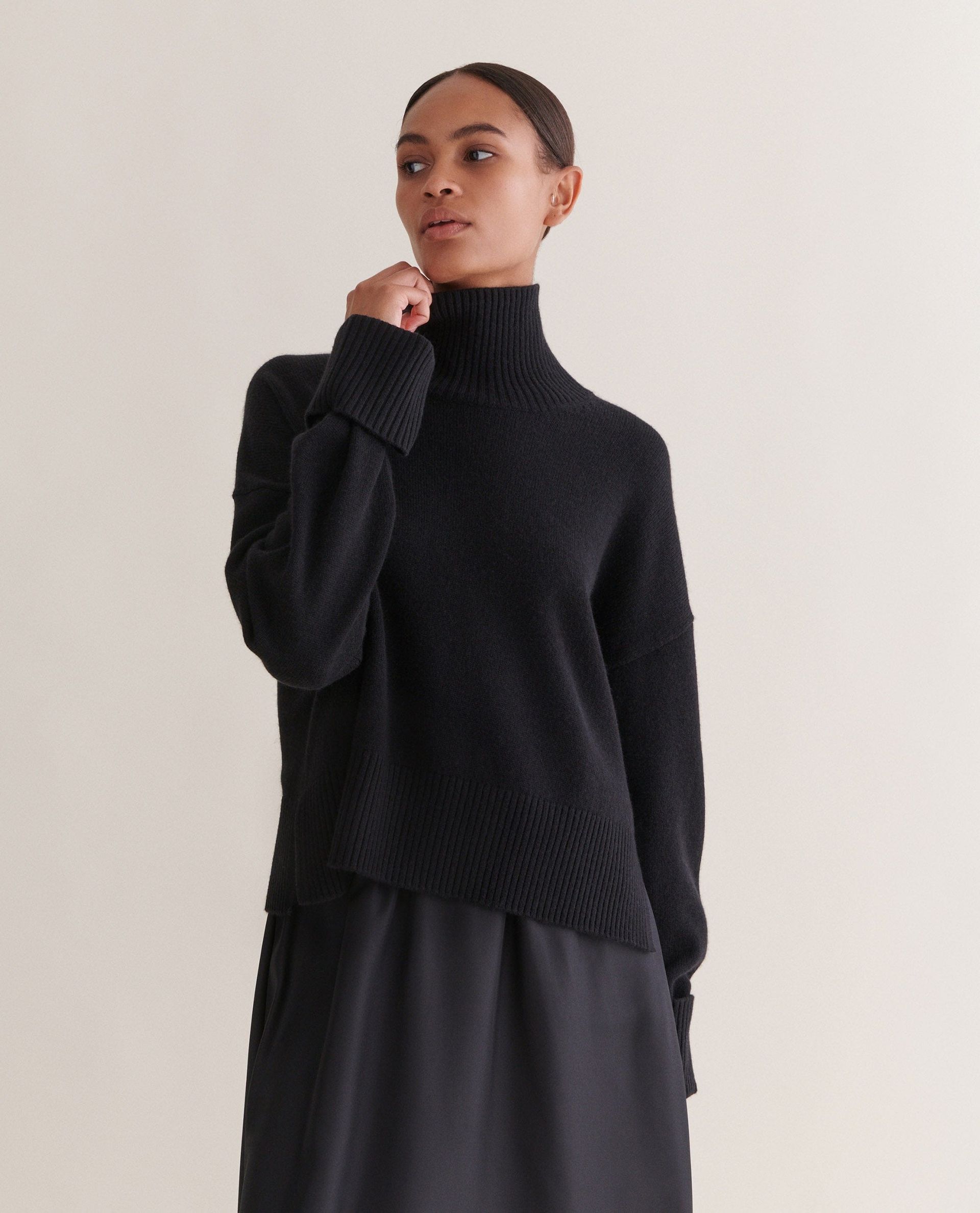 Black Cashmere Merino High Neck Jumper | Rise & Fall