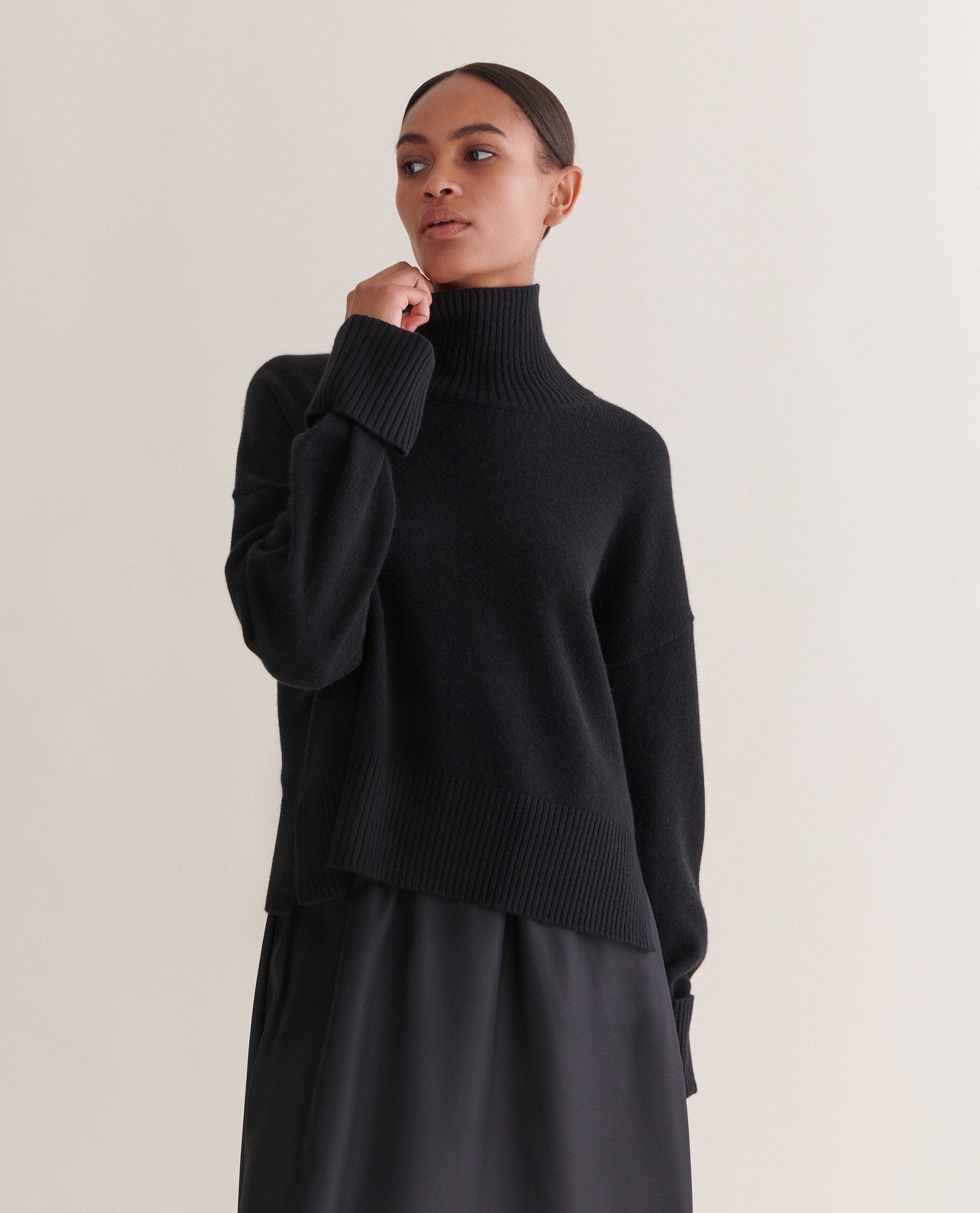 Black Cashmere Merino High Neck Jumper | Rise & Fall