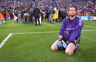 New England Revolution goalkeeper Adin Brown looks dejected after his side's MLS Cup final defeat to LA Galaxy in October 2002.