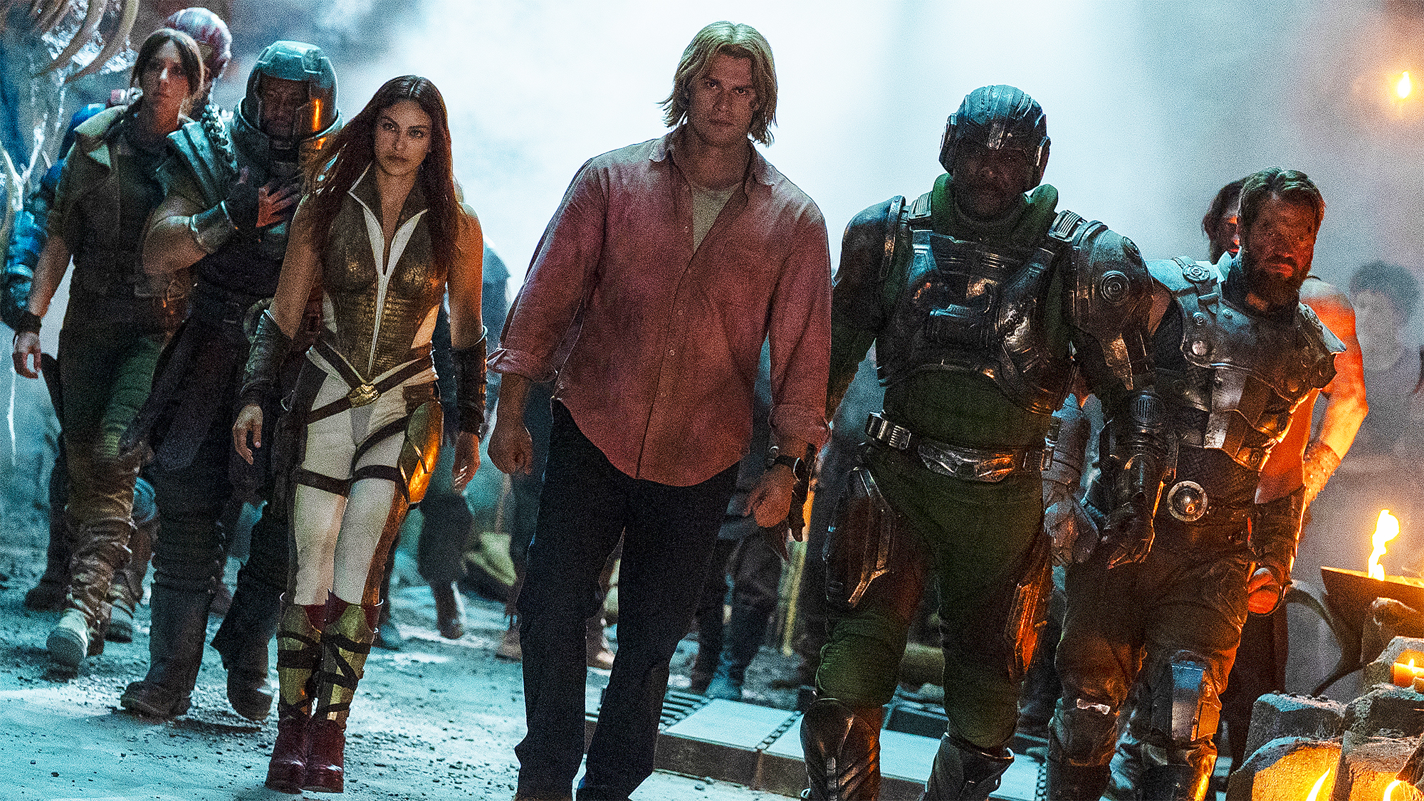 Ram-Man, Teela, Adam, Man-at-Arms, and Fisto walking towards the camera in 2026's Masters of the Universe movie