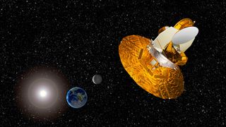 An illustration of NASA's Wilkinson Microwave Anisotropy Probe 1 million miles from Earth.