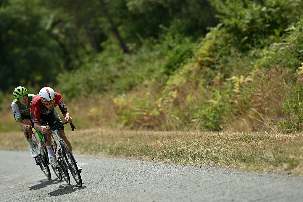 Caja Rural - Seguros RGA team's Czech rider Jakub Otruba and Lotto Intermarch&amp;eacute; team's French rider Baptiste Veistroffer cycle in a breakaway during the 7th stage of the 113th edition of the Tour de France cycling race, 175,1 km between Hagetmau and Bordeaux in southwestern France, on July 10, 2026. (Photo by Loic VENANCE / AFP)