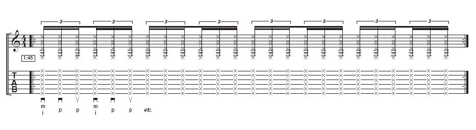 Tab: Triplets - If you have cracked the basic rhythm, you will find these triplets surprisingly easy to master. The hand movement stays the same and you simply add the downstroke with your thumb. Take a break when your wrist gets tired and make sure you follow Gabriela's warm-up instructions - don't try to work through the pain barrier!