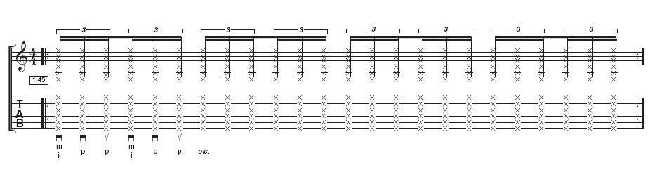 Tab: Triplets - If you have cracked the basic rhythm, you will find these triplets surprisingly easy to master. The hand movement stays the same and you simply add the downstroke with your thumb. Take a break when your wrist gets tired and make sure you follow Gabriela's warm-up instructions - don't try to work through the pain barrier!