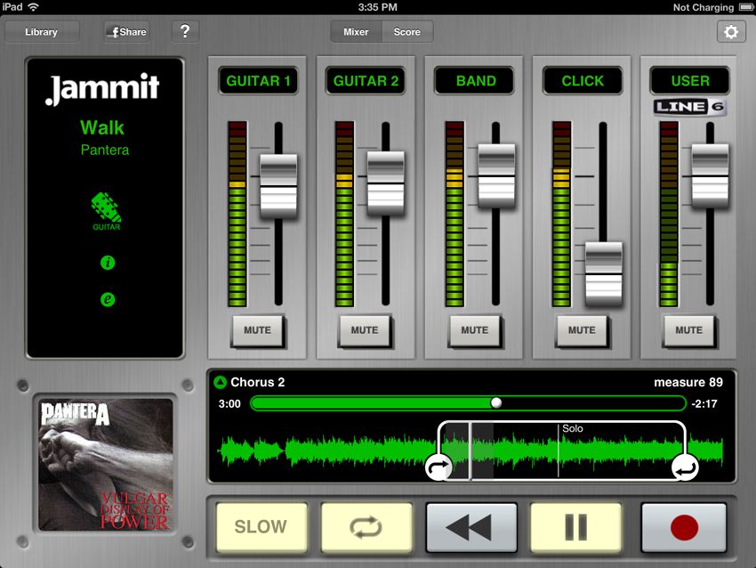 Mixer View - shows volume level of isolated guitar tracks, band tracks, click track and user recordable track