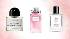 three perfumes included in the best rose perfume buying guide against a pink striped background