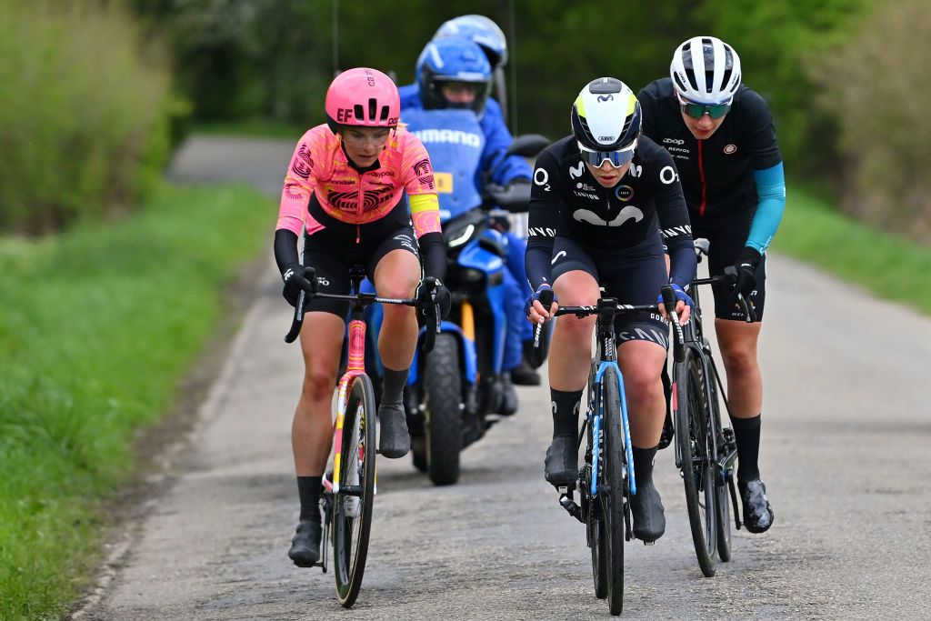 LIEGE BELGIUM APRIL 24 LR Kim Cadzow of New Zealand and Team EF EducationCannondale Sara Martin of Spain and Movistar Team and Stina Kagevi of Sweden and Team Coop Repsol compete in the chase group uring the 8th Liege Bastogne Liege Femmes 2024 a 1529km one day race from Bastogne to Liege UCIWWT on April 24 2024 in Liege Belgium Photo by Luc ClaessenGetty Images