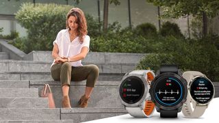 Woman sits on steps looking at a wrist watch, overlaid with three Garmin watches showing screens from the ECG feature
