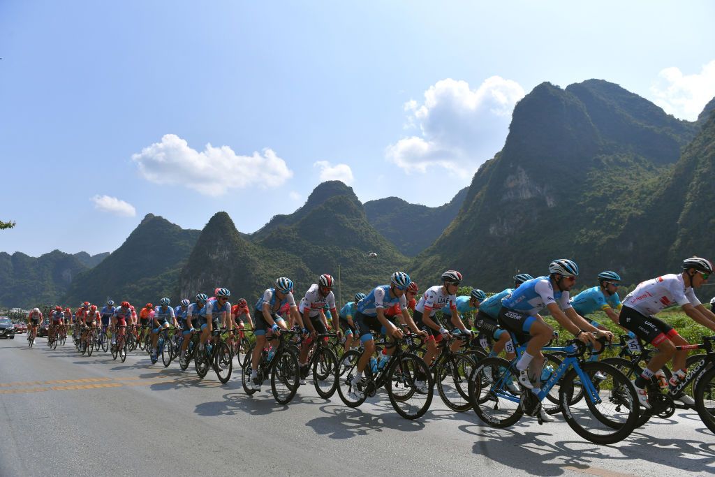 The peloton pass by the unique topography of Guangxi