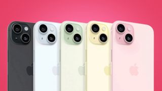 iPhone 15 lineup on a pink background