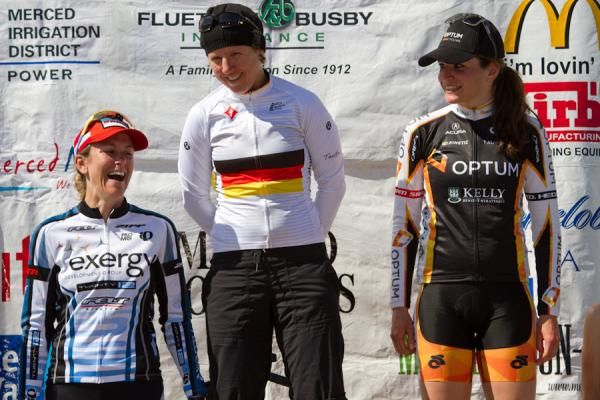 Ina Tuetenberg, winner of the women's Hilltop Ranch Road Race in the Merco Cycling Classic, with Joelle Numainville (Optum) and Kristin Armstrong (Exergy TWENTY12.)