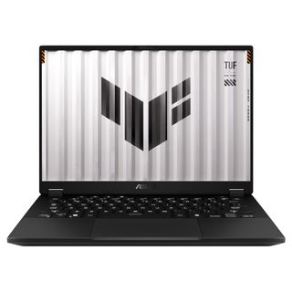 A front-facing view of an open and powered on laptop against a white background.