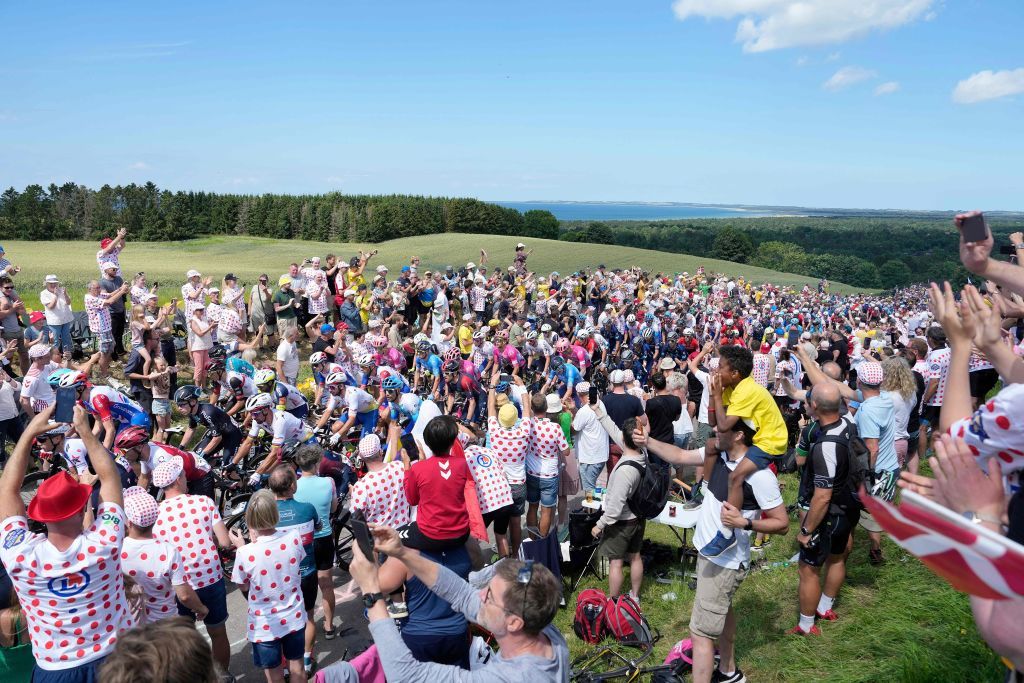 The pack of riders cycle near the coast during the second stage of the Tour de France cycling race between Roskilde and Nyborg Denmark on July 2 2022 Denmark OUT Photo by Keld Navntoft Ritzau Scanpix AFP Denmark OUT Photo by KELD NAVNTOFTRitzau ScanpixAFP via Getty Images