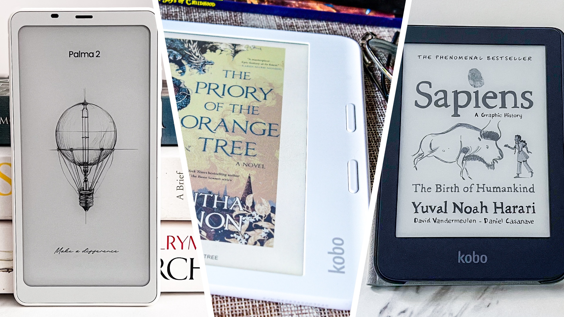 Two Kobo ereaders and a Boox ereader
