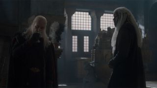 Viserys coughing during his meeting with Lord Corlys