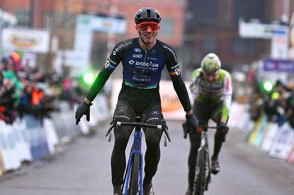 BERINGEN, BELGIUM - JANUARY 11: Thibau Nys of Belgium celebrates at finish line as race winner during the 109th Belgian National Cyclo-cross Championships 2026, Men's Elite on January 11, 2026 in Beringen, Belgium. (Photo by Luc Claessen/Getty Images)