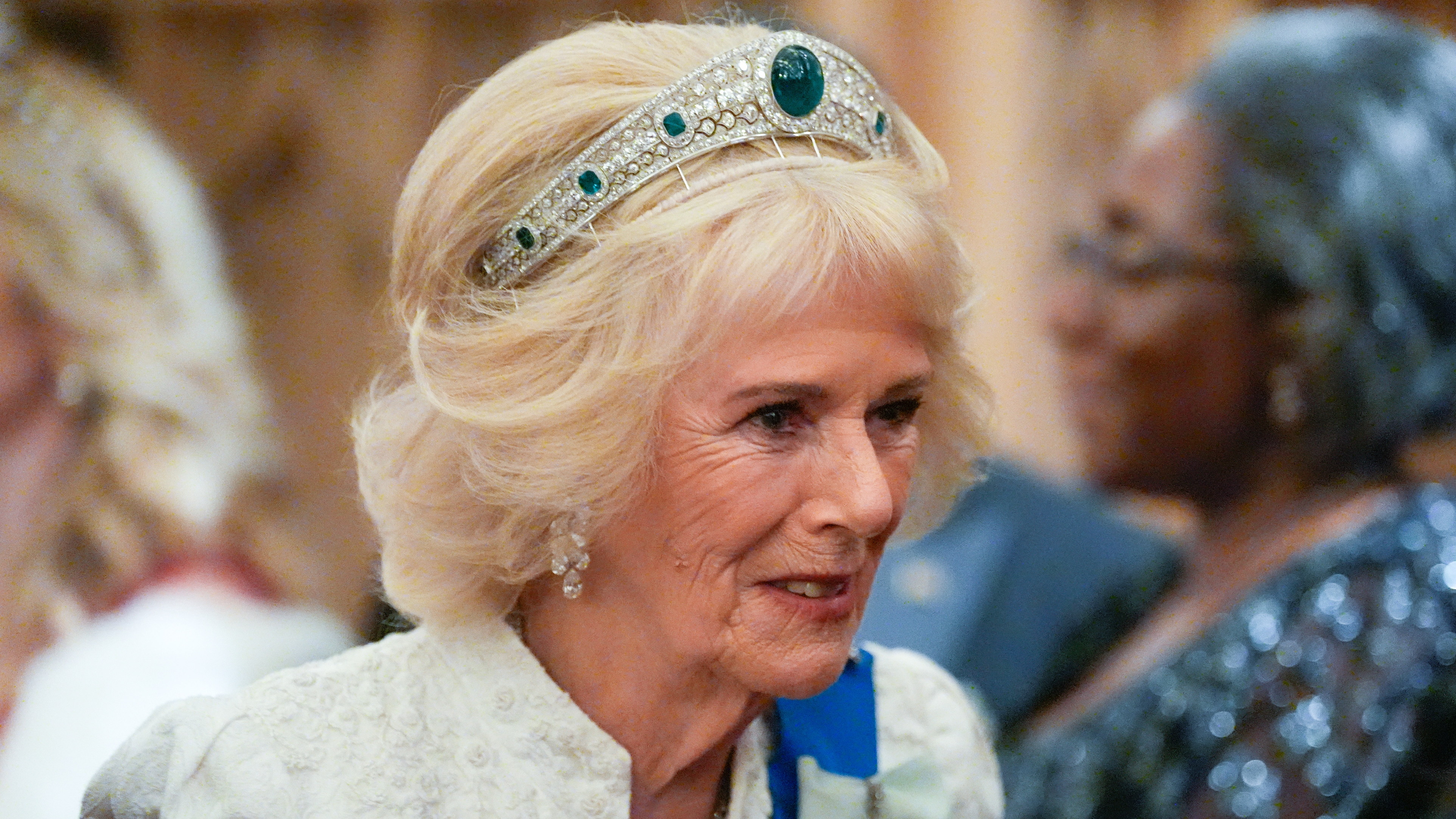 Queen Camilla attends the Diplomatic Corps reception at Windsor Castle wearing a tiara on November 18, 2025