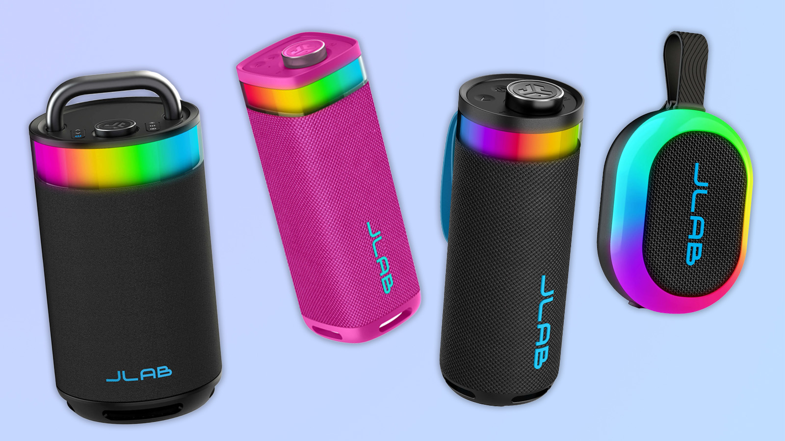 a picture of the JLab pop party, JLab GO party, JLab Epic party, and JLab JBuds party bluetooth speakers