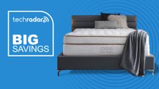 Mattress sales and deals: a Saatva Classic mattress against a blue background with a badge saying "BIG SAVINGS"