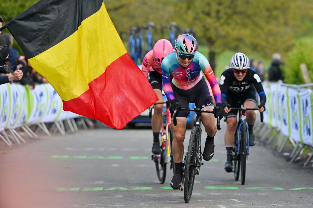 LIEGE BELGIUM APRIL 24 LR Kim Cadzow of New Zealand and Team EF EducationCannondale Elise Chabbey of Switzerland and Team CanyonSRAM Racing and Grace Brown of Australia and Team FDJ Suez compete in the breakaway during the 8th Liege Bastogne Liege Femmes 2024 a 1529km one day race from Bastogne to Liege UCIWWT on April 24 2024 in Liege Belgium Photo by Luc ClaessenGetty Images