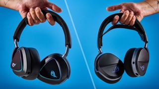 Side by side photos of the Asus ROG Delta II and Asus ROG Pelta gaming headsets
