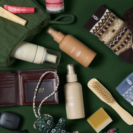 Stocking filler gifts sold at Zappos on a forest green background