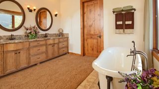 A brown rug in a bathroom with a freestanding bath