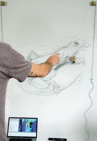 Paul Ferragut’s hand-tracking drawing machine. Data from the Kinect is collected with openNI2TUIO, and an Arduino micro-controller then activates stepper motors to move the pen